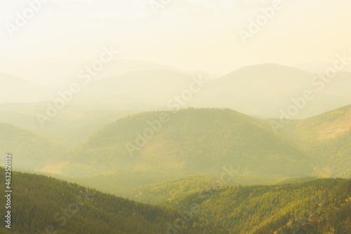 Sunset mist mountains landscape, panorama of morning mountains © Pavlo Vakhrushev