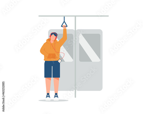 Modern young man character listening to music on a public transport, metro.Vector illustration cartoon flat style.