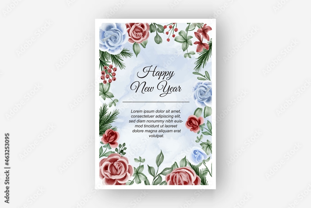 floral frame with rose red blue theme winter new year background