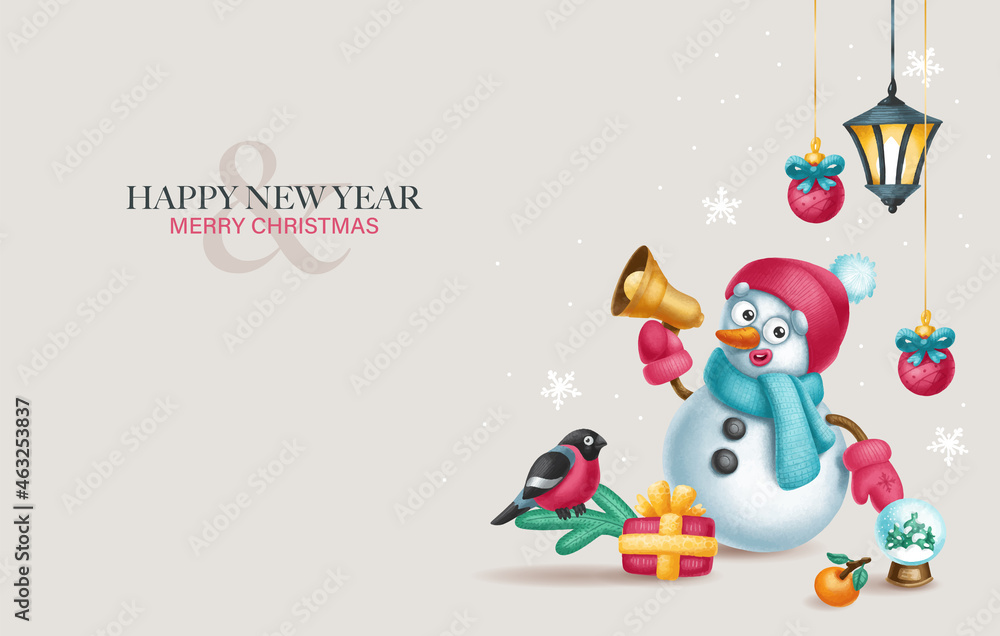 Cute illustration with snowman, christmas tree, toys and gifts. Christmas and New Year Greeting Card, Banner, Poster, Flyer. Vector