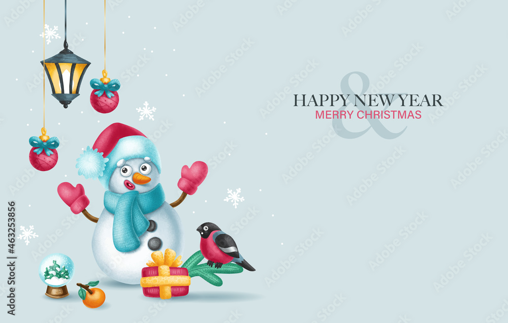 Fototapeta premium Cute illustration with snowman, christmas tree, toys and gifts. Christmas and New Year Greeting Card, Banner, Poster, Flyer. Vector