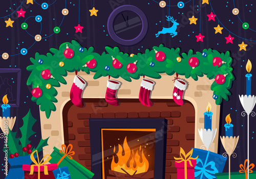 Fireplace with Red Stockings, Gifts and Decorations in Interior. Christmas and New Year Greeting Card, Banner, Poster, Flyer. Vector