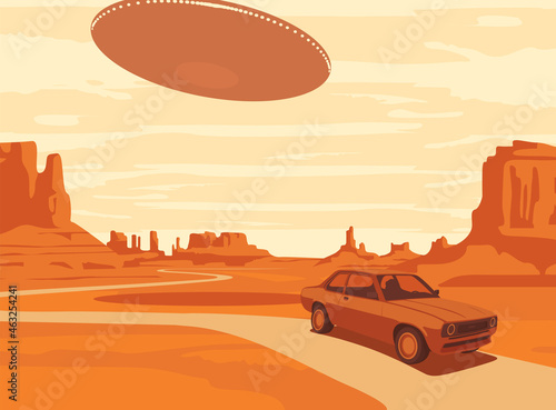 Vector landscape with an UFO flying over the western rocky valley with a single passing car. Decorative illustration on the theme of of alien invasion. Earth landscape and flying saucer in the sky