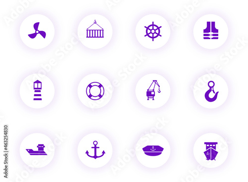 harbor purple color vector icons on light round buttons with purple shadow. harbor icon set for web, mobile apps, ui design and print