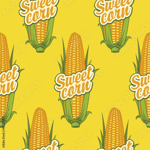 Vector seamless pattern with ripe corn cobs and inscriptions on a yellow backdrop. Suitable for healthy menus, kitchen textiles, food blog background, branded wrapping paper and packaging