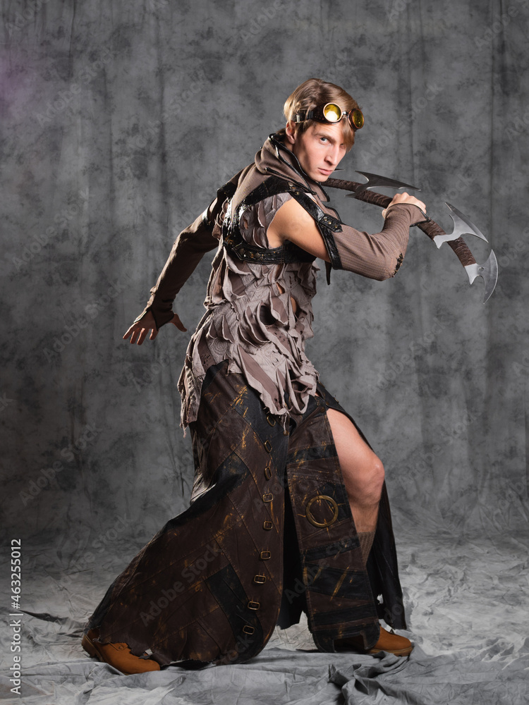 Naklejka premium Steampunk or post-apocalyptic style character, with an unusual cold weapon