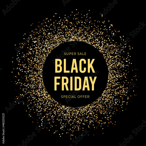 Black friday vector illustration with gold sparkles on black