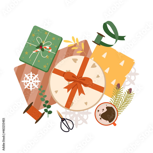 Christmas presents wrapping process top view vector illustration. Winter holiday surprises and gift box packaging. Preparing for the holiday, wrapping gifts. Xmas and New Year celebration preparation.