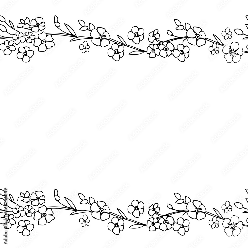 Decorative botanical frame myosotis line art isolated on white background, Forget-me-not flower backdrop, hand drawn doodle illustration, wild flower, floral border design for greeting card, wedding