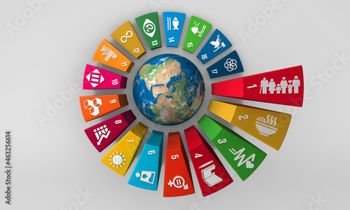 3D rendering Sustainable Development Wheel Illustration for Corporate social responsibility project. Concept design to achieve Sustainable Development for a better world. 3D Icons. 3D Illustration. photo