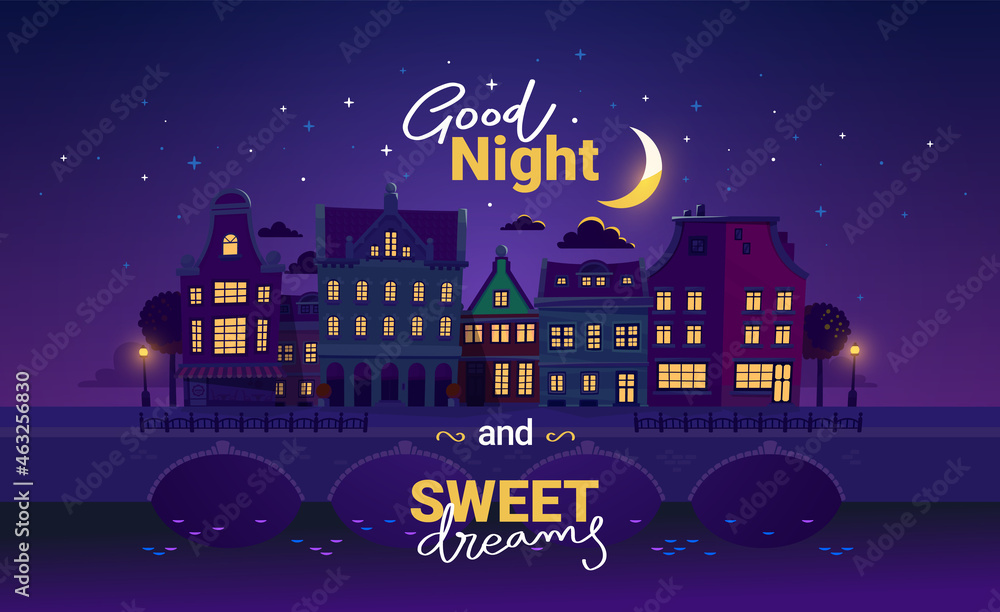 Vector illustration of night city street with light window and bridge on dark purple sky background with cloud and moon. Art design with text good night and sweet dreams - obrazy, fototapety, plakaty 