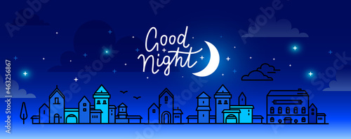 Vector illustration of night city street on dark blue color sky background with cloud and shine moon. Line art style design with text good night and star