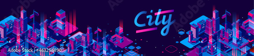Vector illustration of neon color night city street with light on dark sky background with word city. Isometric style design