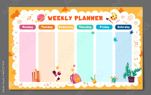 Weekly planner, back to school timetable template with school supplies, planets, books and doodle. Kids schedule design template.