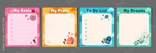 Kids stationery set with memo planners, to-do lists with cute illustrations, template for planners, day agenda, checklists.