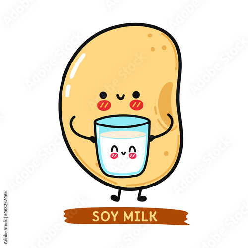 Cute, funny happy glass of milk and soy character. Soy milk. Vector hand drawn cartoon kawaii characters, illustration icon. Funny cartoon glass of milk and soy friends concept