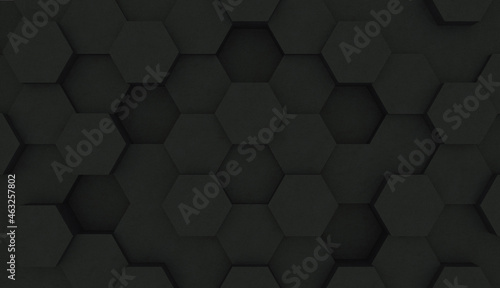 Abstract hexagon geometry background. 3d render of simple primitives with six angles in front. Dark lighting.