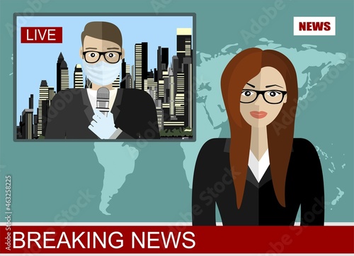 TV news anchorman. News anchor broadcasting the news with a reporter with medical mask live on screen . illustration in flat style  photo