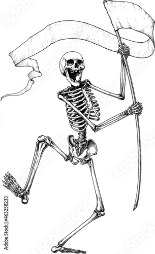 Black and white vector illustration of dancing skeleton waving a flag