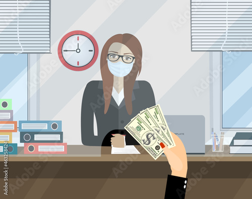 Bank teller in wearing surgical or medical face mask  behind window. Hand with cash. Depositing money in bank account. People service and payment. Vector illustration in flat style