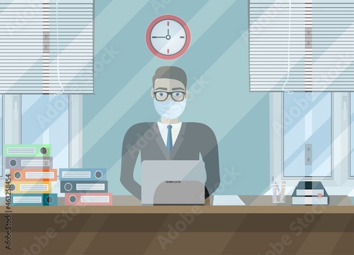 Bank teller in wearing surgical or medical face mask behind window.  Vector illustration in flat style