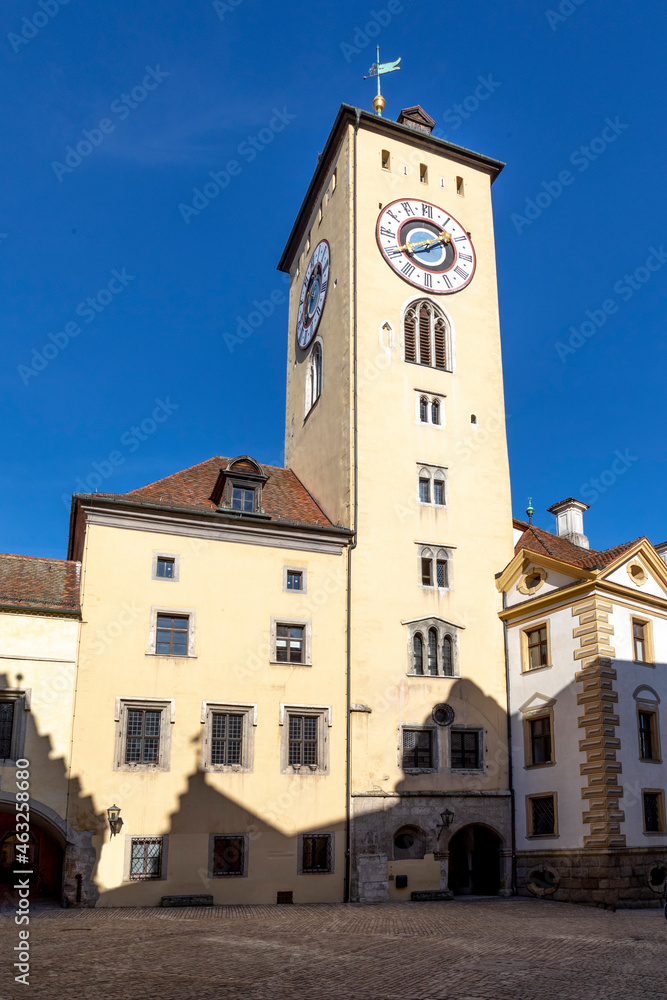  old city hall tower in Regensburg, Bavaria, Germany.