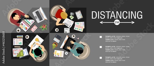 People working together in business office maintain social distancing to prevent coronavirus spreading, keep a safe distance, new normal lifestyle concept, flat vector illustration
