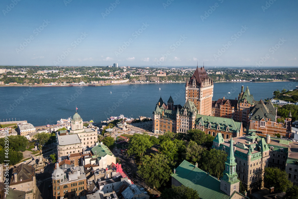 Aerial view of historical landmark Frontenac castle and St Lawrence River during summer in Quebec City, Canada.	