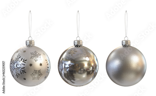 A set of silver Christmas balls on a white background, 3d render