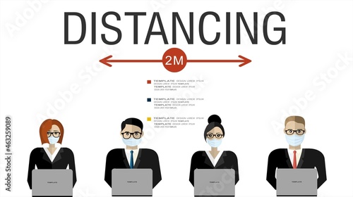 People working together in business office maintain social distancing to prevent coronavirus spreading, keep a safe distance, new normal lifestyle concept, flat vector illustration