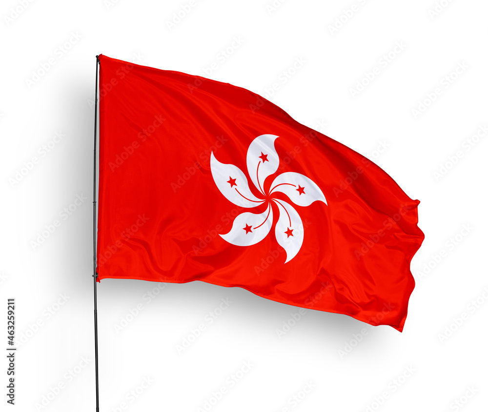 Hong Kong flag isolated on white background. close up waving flag of Hong Kong. flag symbols of Hong Kong. Concept of Hong Kong. Hong Kong flag isolated on white background. close up waving flag of Hong Kong. flag symbols of Hong Kong. Concept of Hong Kong.