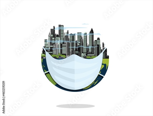 Earth with medical mask. Save world, prevention of coronavirus diseases. Covid-19, coronavirus, ncov panic. Protection against corona virus. Planet wears health face mask. Flat illustration