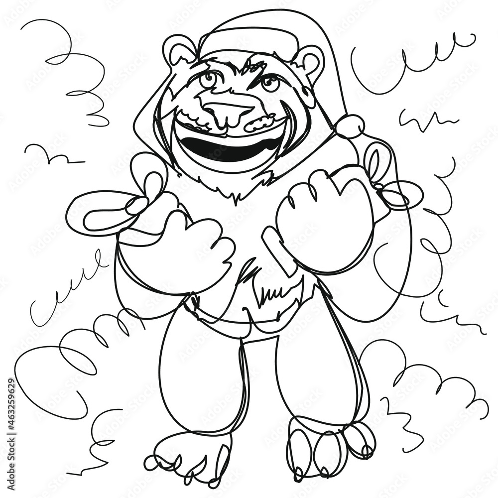 Christmas tiger with gifts one line on a white background. Vector cheerful character in doodle style. Stock vector illustration. Animal Santa Claus 2022. Christmas tiger with gifts one line on a white background. Vector cheerful character in doodle style. Stock vector illustration. Animal Santa Claus 2022.