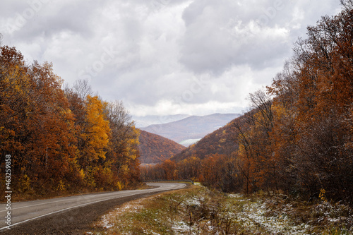 An autumn road winding between hills and going far into the distance.