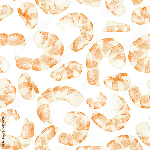 Food illustration, shrimp seamless pattern, seafood. Drawn mouth-watering shrimps.