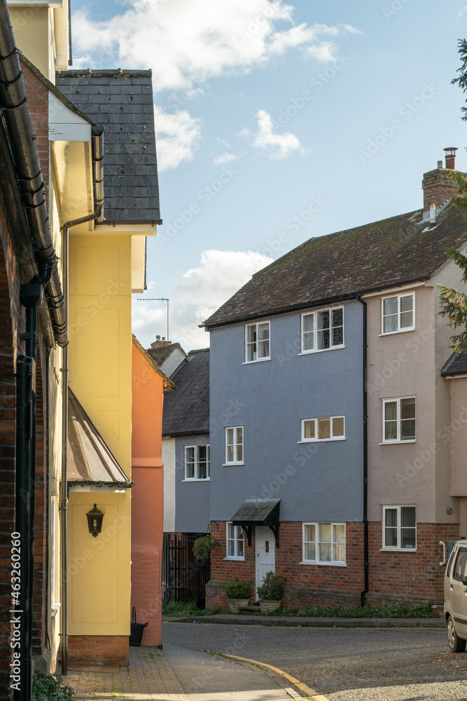 Facade of old colorful British terraced houses at Saffron Walden, England