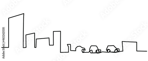 Megapolis with one-line cars on a white background. Outline of skyscrapers and tracks. Blackline on isolate. Stock vector illustration.