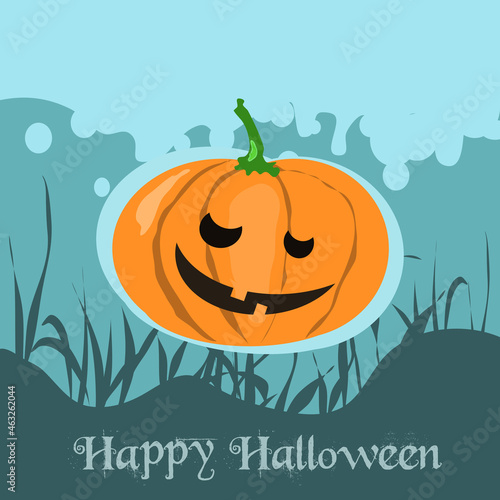 Uśmiechnięta dynia Halloween w trawie, tło z miejscem na tekst - ilustracja wektorowa