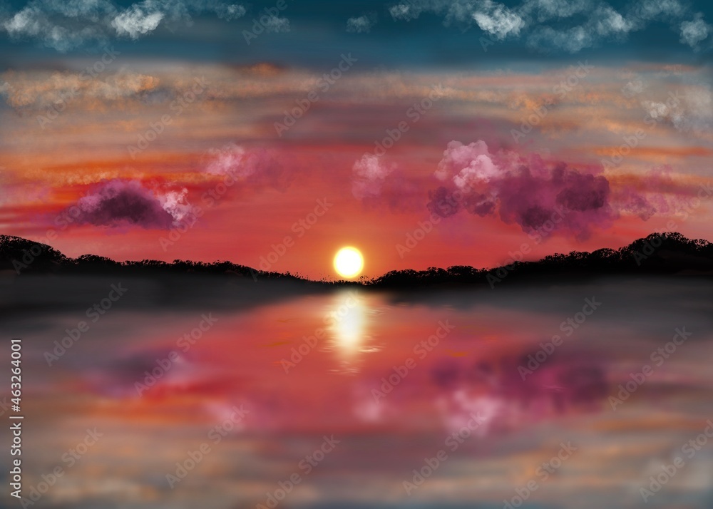 Sunset Background Illustration with a Purple Cloud