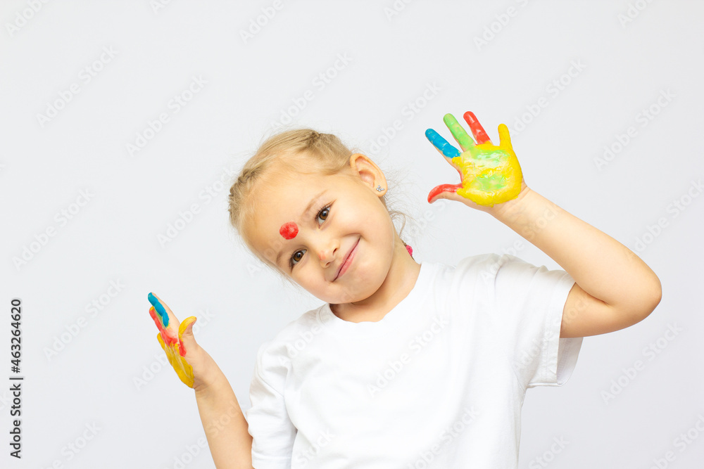 beautiful little girl with hands in the paint beautiful little girl with hands in the paint