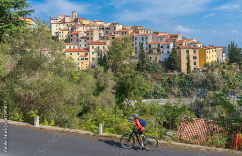 nice active woman exploring  the beautifull village of Rio Nell` Elba on the Island of Elba, Tuscan Arichipelago, Tuscany, Italy