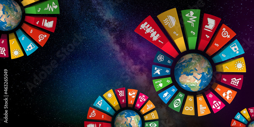 Colorful Sustainable Development Wheel over the earth on black background for Corporate social responsibility project. Concept to achieve Sustainable Development for a better world. 3D illustration. photo