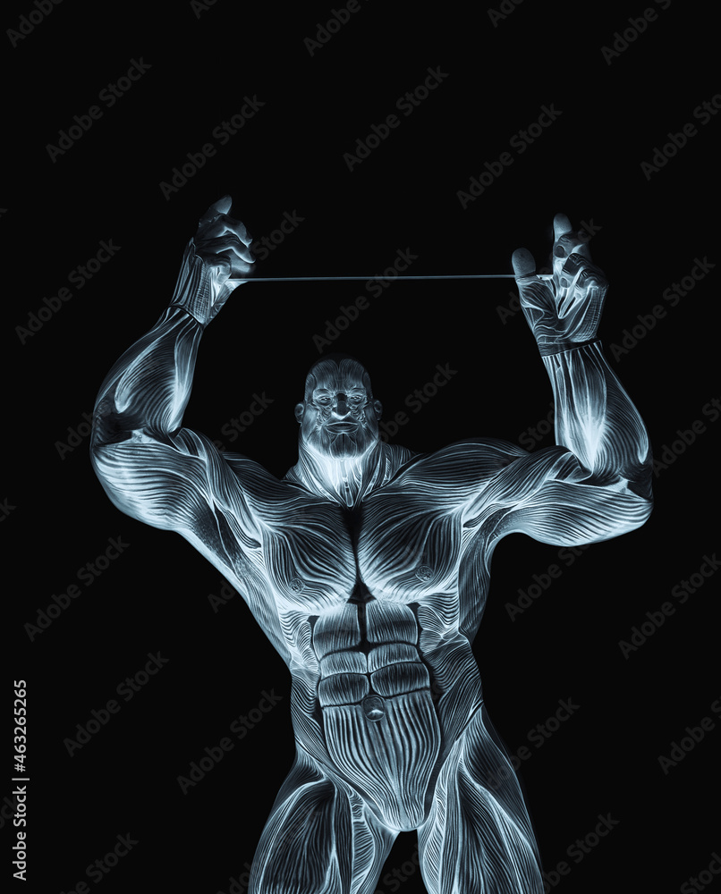 bodybuilder muscle maps is protesting and holding a white sign in white background