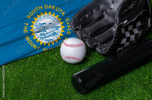 Baseball bat, glove and ball near South Dakota flag on green grass background photo