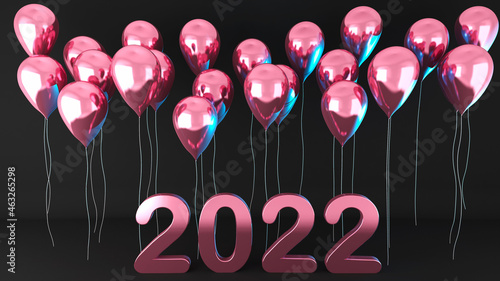 New year 2022 design background concept with pink shiny balloons, 3d illustration photo