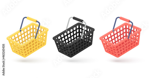 Supermarket empty shopping baskets on a white background.