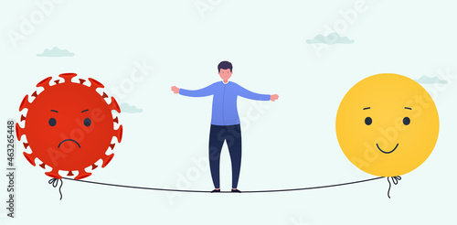 Emotional balance, wellness and poor health. Man on thin line keeps  balance between an unstable mental state and and good feeling. Health risk concept from corona virus, pandemic coronavirus.