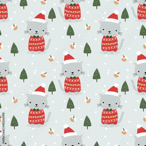 Cute cat in Christmas theme seamless pattern