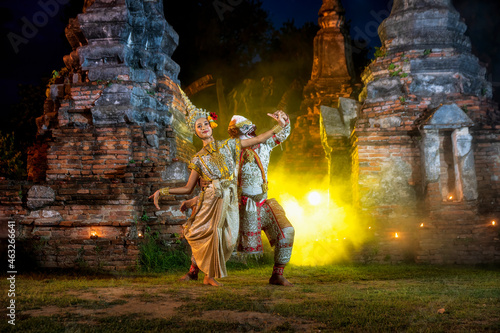 The gesture of flirting with women of Hanuman in the Khon performance. Khon is a dance drama genre from Thailand. Hanuman and Sovanna Maccha. photo