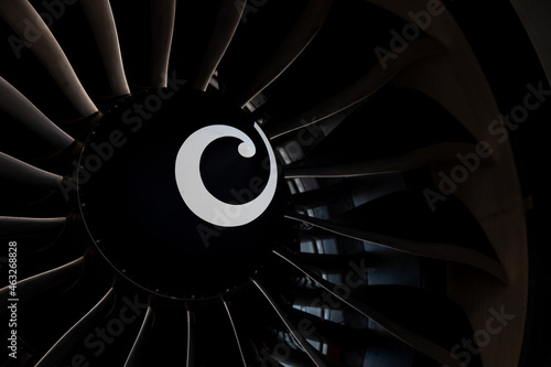 Plane background. Airplane turbine blades close-up. Airplane engine. Turbines blade. Aviation Technologies. Aircraft jet black detail during maintenance.
